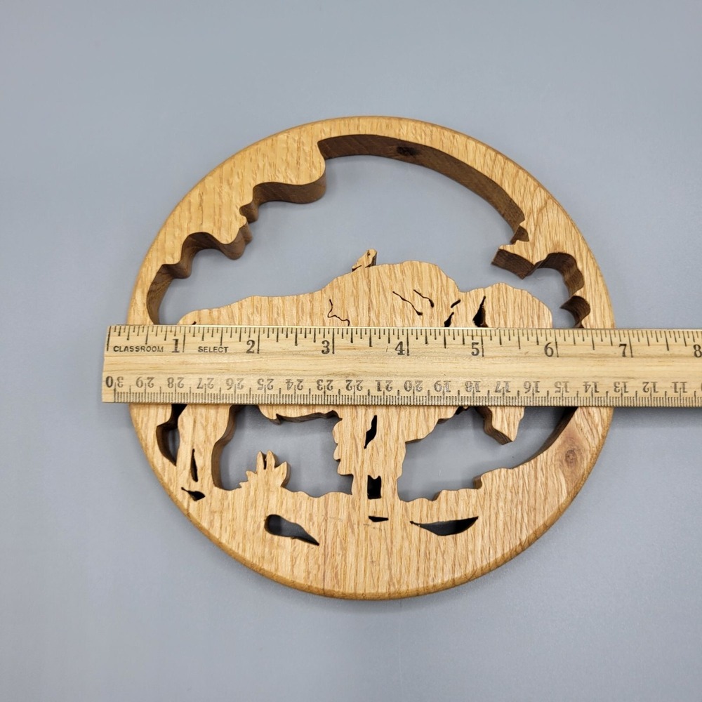 Buffalo Scene Handcrafted Wooden 3D Oak Wood Circular Wall Art Trivet Decor - Picture 10 of 10